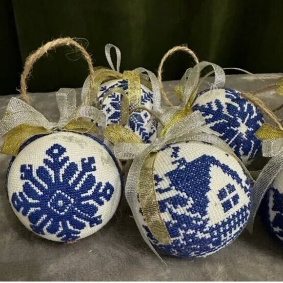Set of 6 Handcrafted Embroidered Christmas Ornaments–Blue and White Nordic Style - Picture 11 of 13